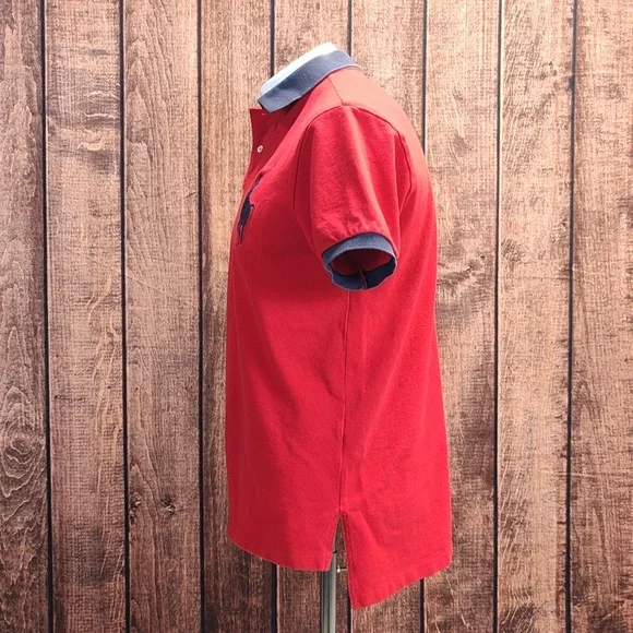 Vtg #3 Plaid Patch Large Pony Mens Red Custom Fit Blue Trimmed Polo - Picture 3 of 9